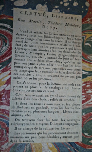 Annonce collée à la fin d'un livre imprimé en 1778 par un libraire soucieux de la bonne marche de ses affaires